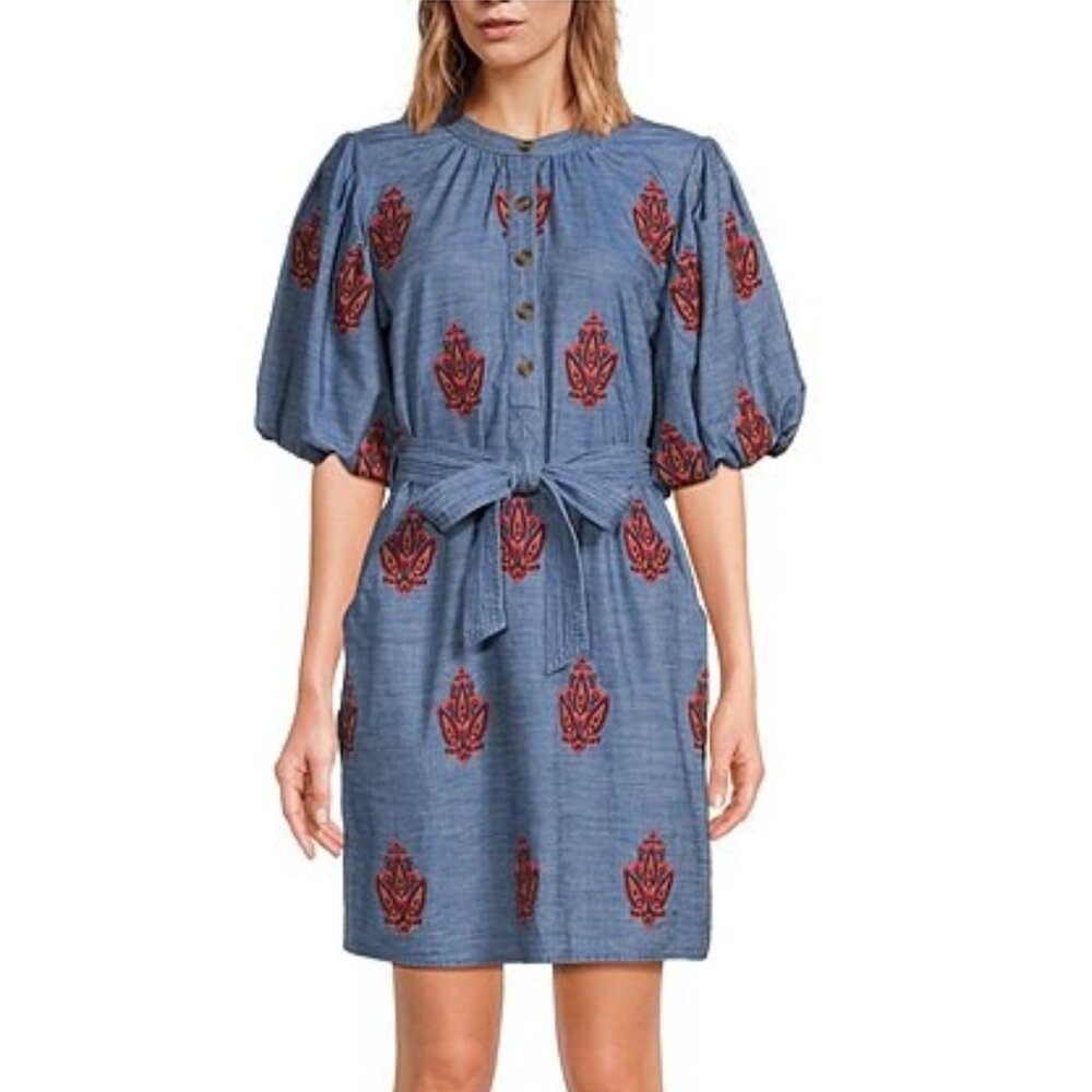 A Loves A Embroidered Chambray 3/4 Balloon Sleeve Banded Collar Classic Dress S